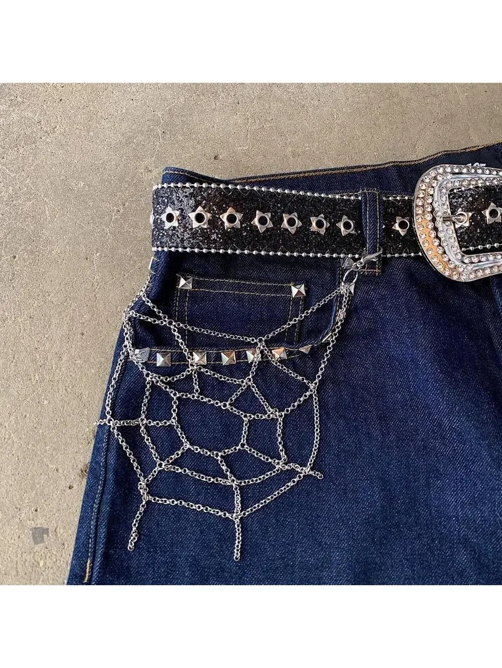 Y2k Cyberpunk style spiderweb ️ silver pocket chain. Punk emo grunge style